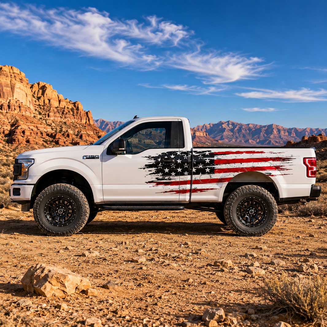 Patriotic American Flag Truck Decal for Ford F-150 | Distressed Side Vinyl Wrap