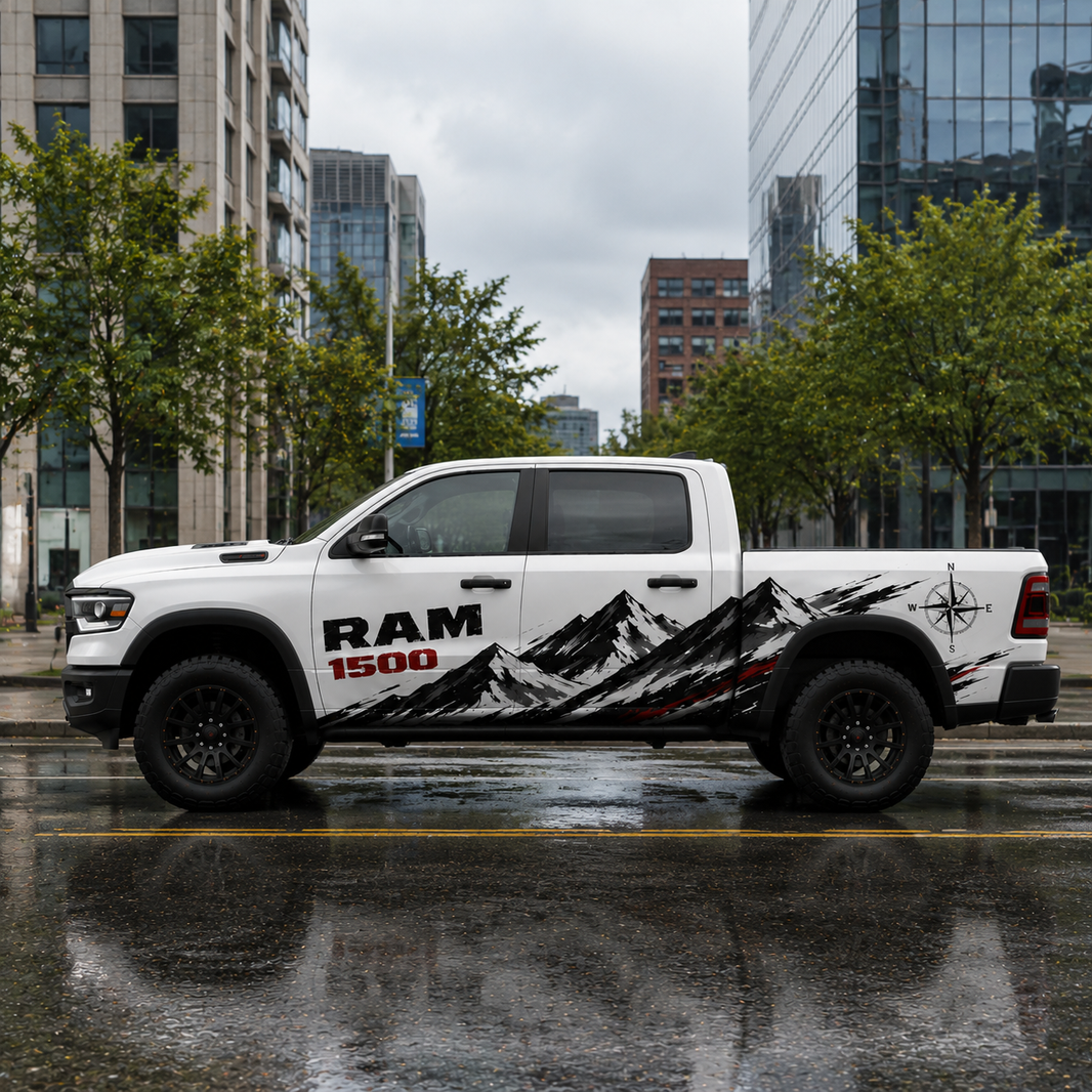 RAM 1500 mountain truck decal with compass design – side detail close-up