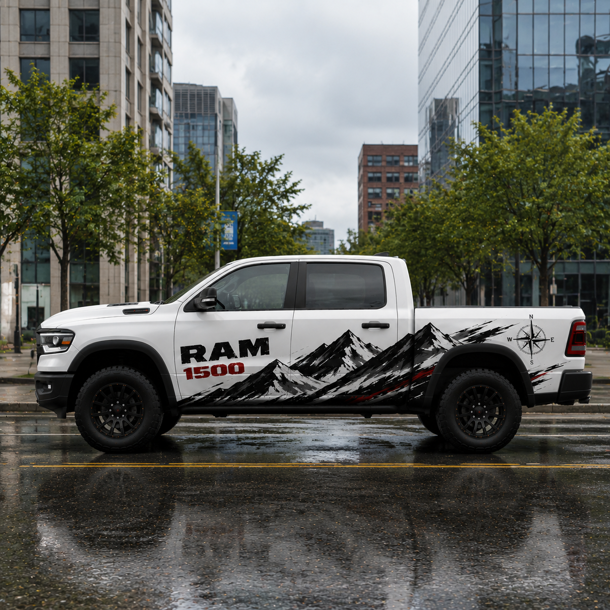 RAM 1500 mountain truck decal with compass design – side detail close-up