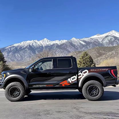Red Black Performance Vinyl Wrap Applied on Pickup Truck – Racing Stripe Decal Side View