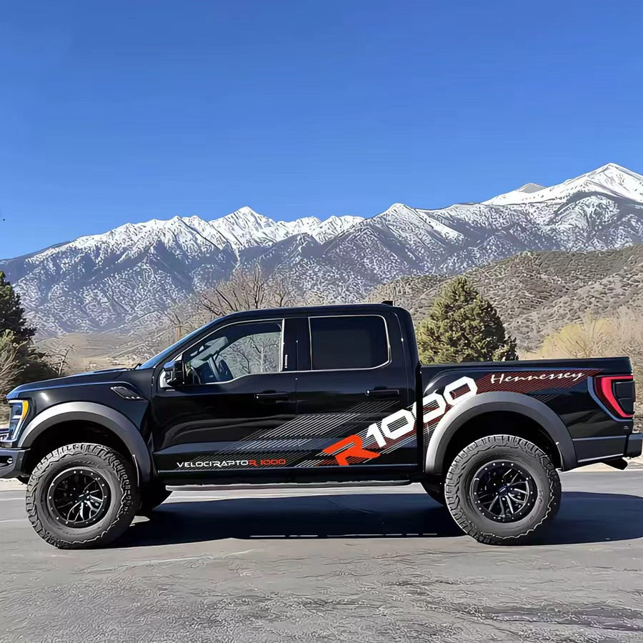 Red Black Performance Vinyl Wrap Applied on Pickup Truck – Racing Stripe Decal Side View