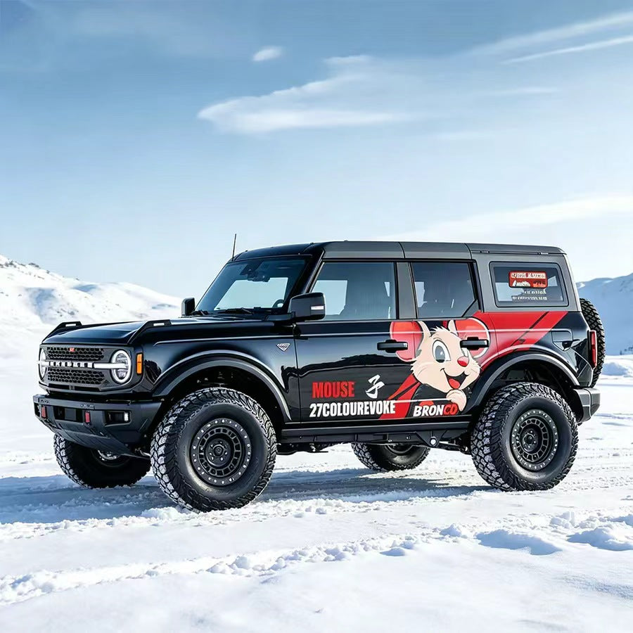 Black Ford Bronco with Cartoon Mouse Red Side Stripe Animal Vinyl Wrap in Snow