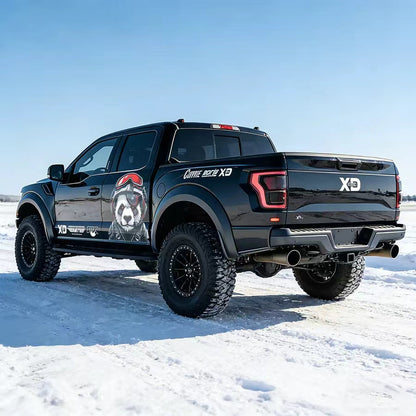 Pilot panda truck decal on black pickup – full side view in snowy outdoor setting