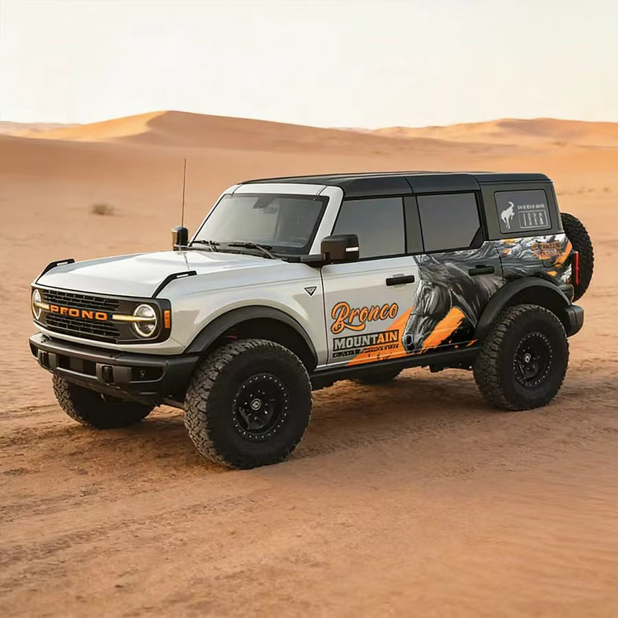 Black Ford Bronco with Wild Horse Running Stallion Side Graphic Vinyl Wrap in Desert