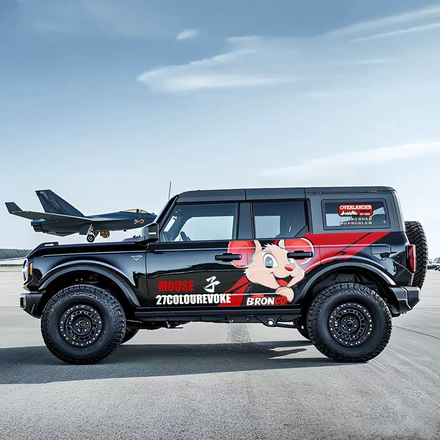 Cartoon Mouse SUV Decal – Red Side Stripe Animal Vinyl Wrap Kit on Black Ford Bronco at Airport Runway