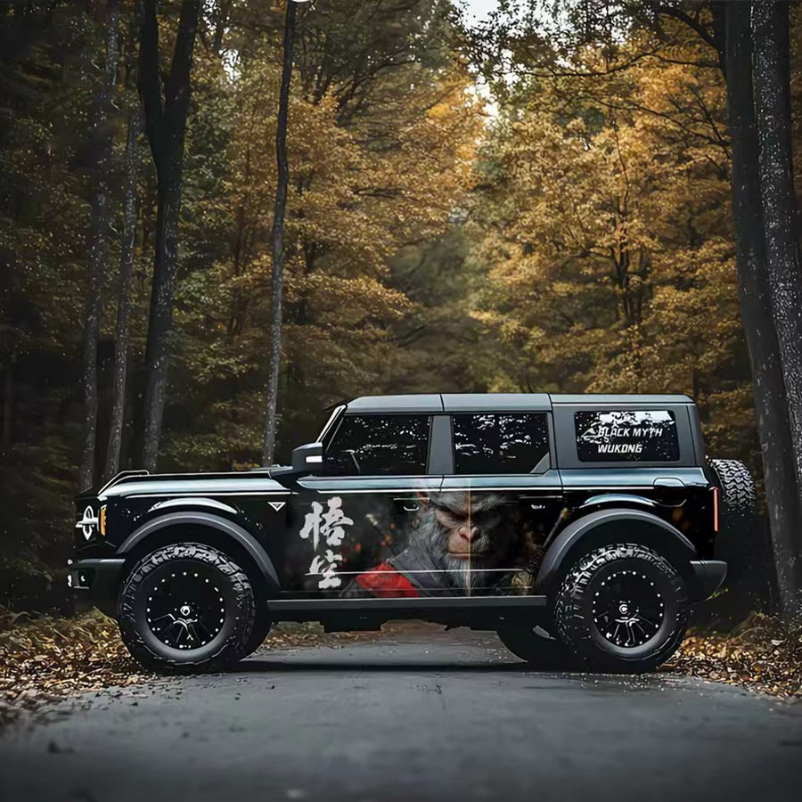 Wukong Monkey King SUV Decal – Mythical Warrior Side Vinyl Wrap on Black Ford Bronco in Autumn Forest