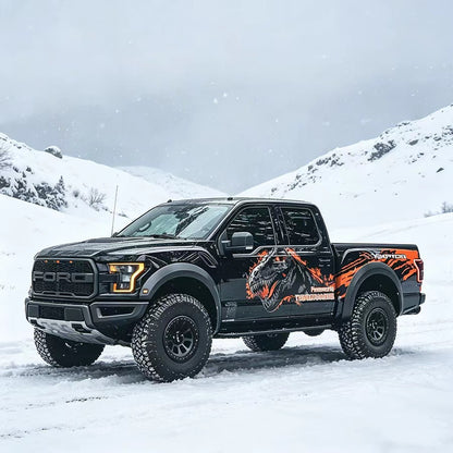 T-Rex Raptor Style Vinyl Wrap Applied on Truck – Off-Road Decal Side View