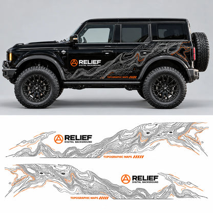 Relief Terrain SUV Decal | Topographic Map Block Off-Road Side Vinyl Wrap for Jeep Bronco