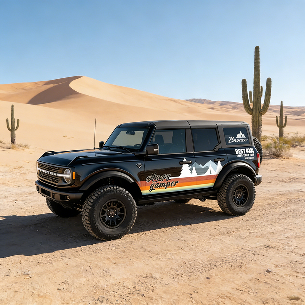 Retro Mountain Stripe SUV Decal | Happy Camper Side Wrap Graphic