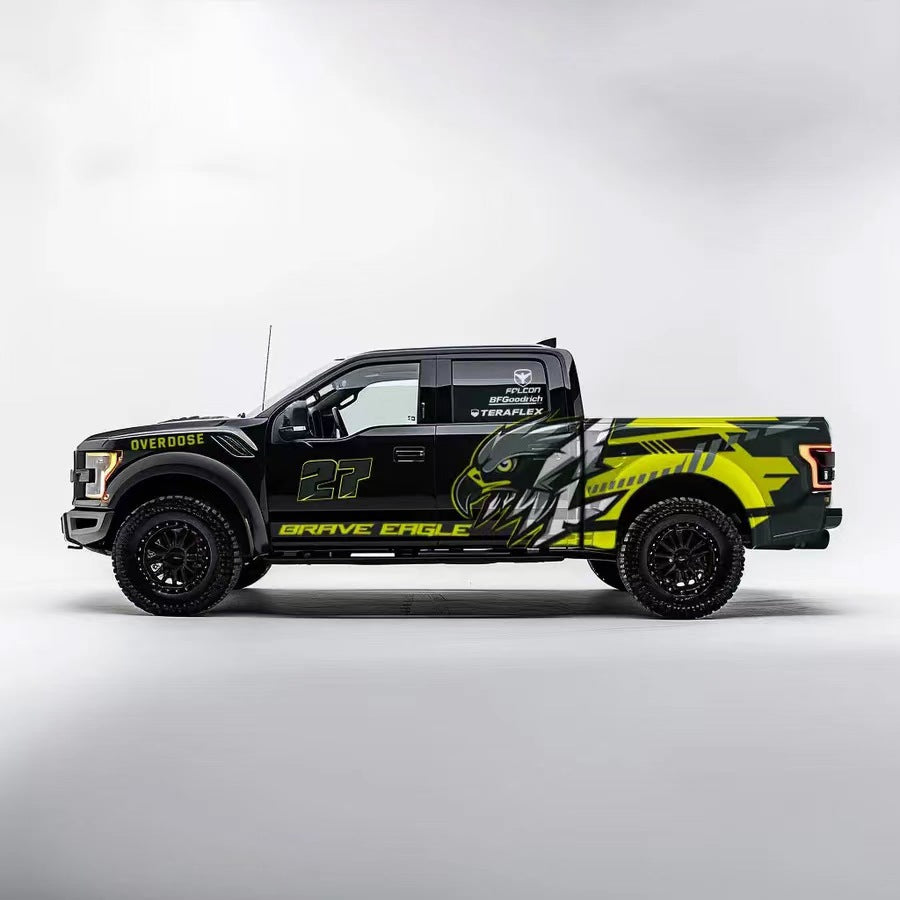 Neon Eagle Vinyl Wrap Applied on 4x4 Truck – Off-Road Racing Decal Side View