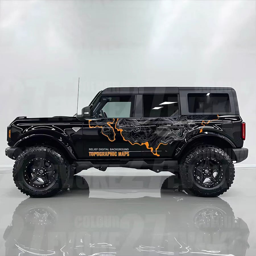Relief Terrain SUV Decal – Topographic Map Block Off-Road Side Vinyl Wrap on Black Ford Bronco in White Studio
