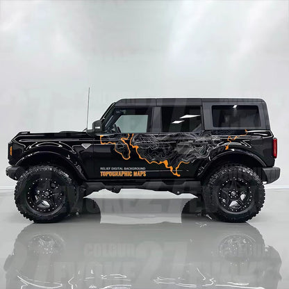 Relief Terrain SUV Decal – Topographic Map Block Off-Road Side Vinyl Wrap on Black Ford Bronco in White Studio