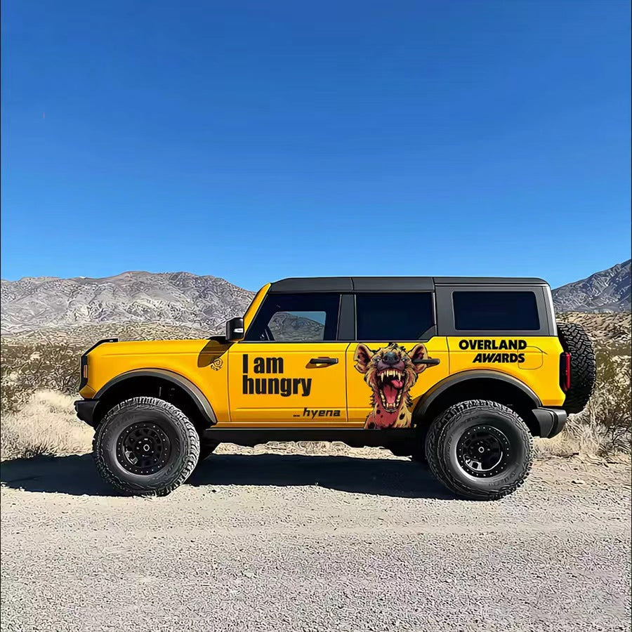Hyena Off-Road SUV Decal – Aggressive Animal Side Graphic Kit on Yellow Ford Bronco in Desert