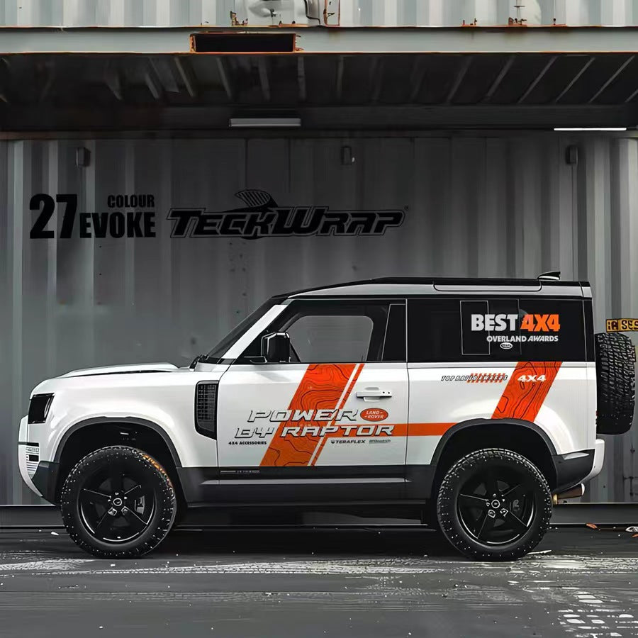 White SUV with Orange Stripe Topographic Adventure Side Graphic Vinyl Wrap in Garage