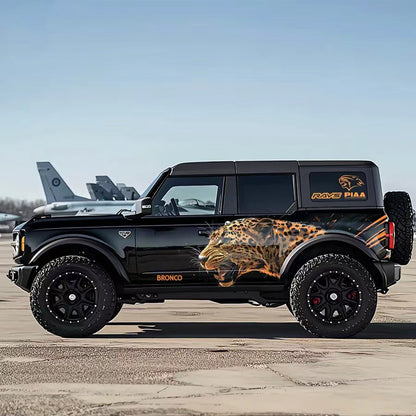 Roaring Leopard SUV Decal – Aggressive Predator Side Graphic Kit on Black Ford Bronco at Airport