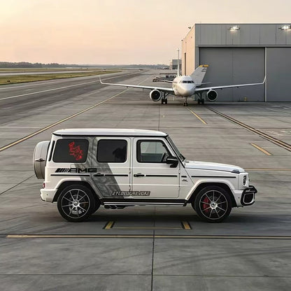 Sport Stripe SUV Decal – Modern Side Line Graphic Kit on White G-Class SUV at Airport