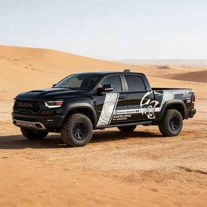 Hellcat Head Terrain Vinyl Wrap Applied on Pickup Truck – Topographic Off-Road Decal Side View