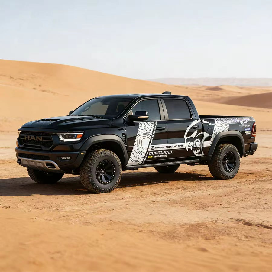 Hellcat Head Terrain Vinyl Wrap Applied on Pickup Truck – Topographic Off-Road Decal Side View
