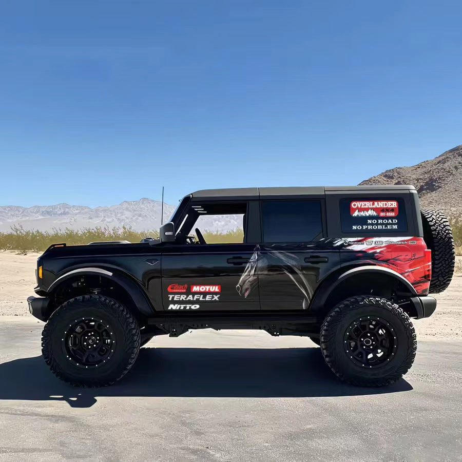 Black Ford Bronco with Black Horse Speed Brush Style Side Graphic Vinyl Wrap in Parking Lot
