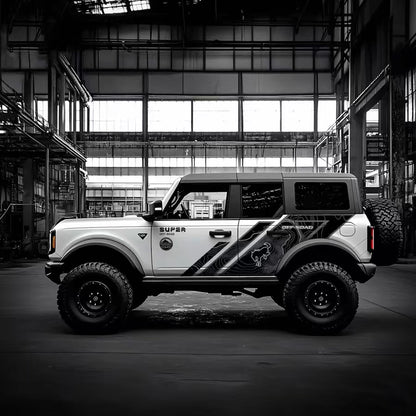 Topographic Stripe Off-Road SUV Decal – Minimal Side Graphic Kit on Black Ford Bronco in Industrial Setting