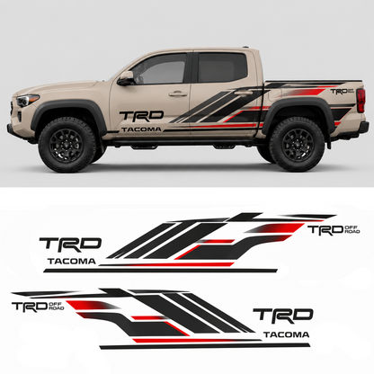 TRD style truck decal kit layout showing all vinyl pieces included
格式规则： 简洁描述图片内容 + 包含关键词（Toyota