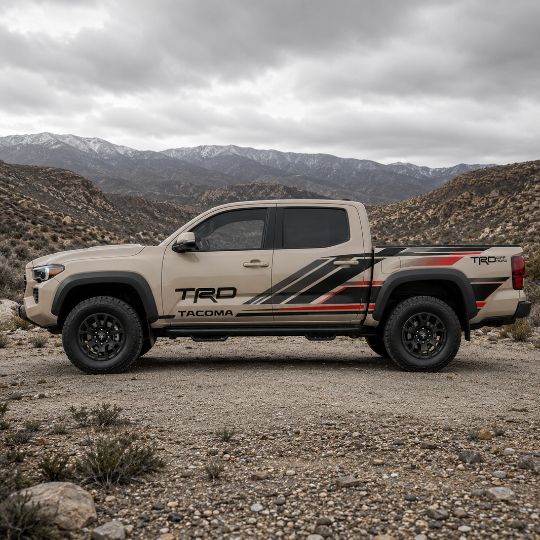 Toyota Tacoma TRD stripe decal kit on truck in snowy mountain setting