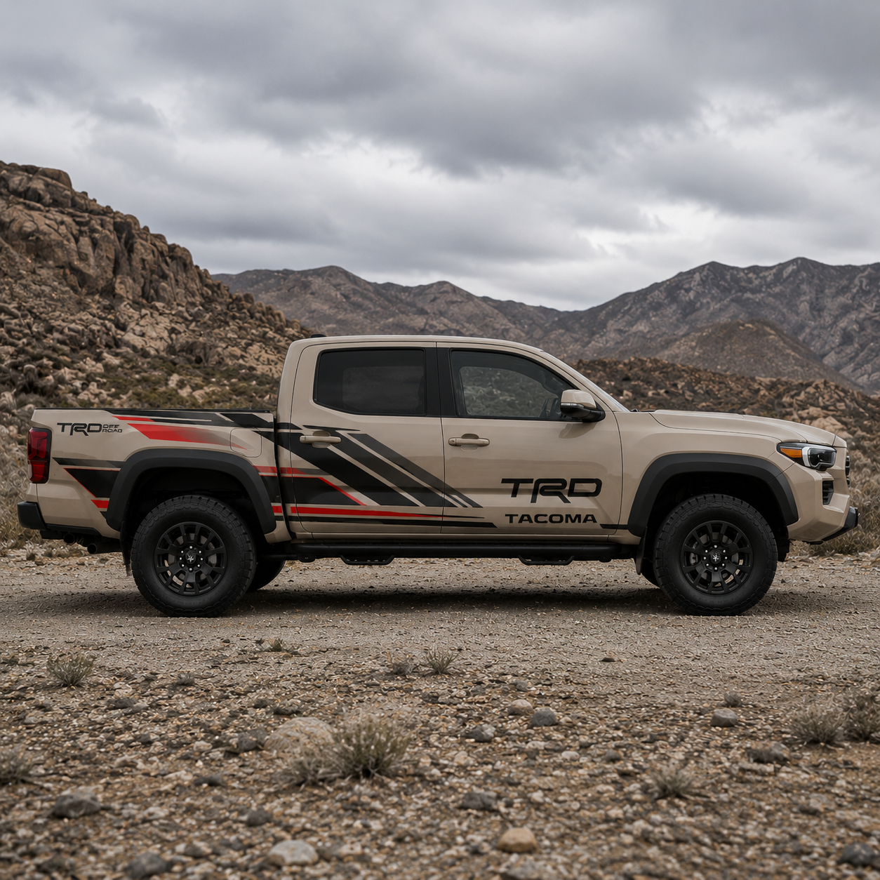 Close-up of TRD racing stripe vinyl decal on Toyota Tacoma door panel