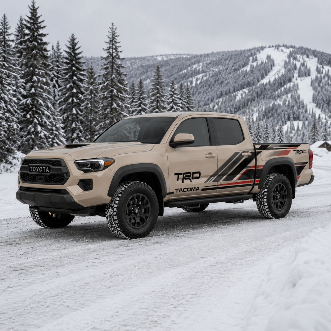Toyota Tacoma with TRD-style racing stripe decal in desert tan