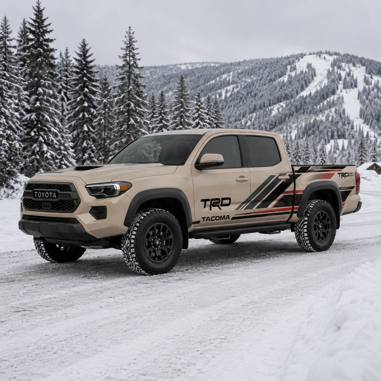 Toyota Tacoma with TRD-style racing stripe decal in desert tan