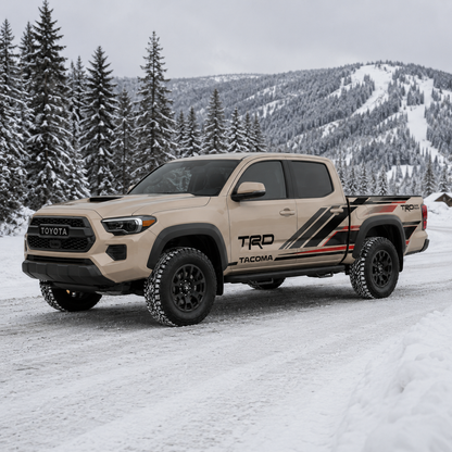 Toyota Tacoma with TRD-style racing stripe decal in desert tan