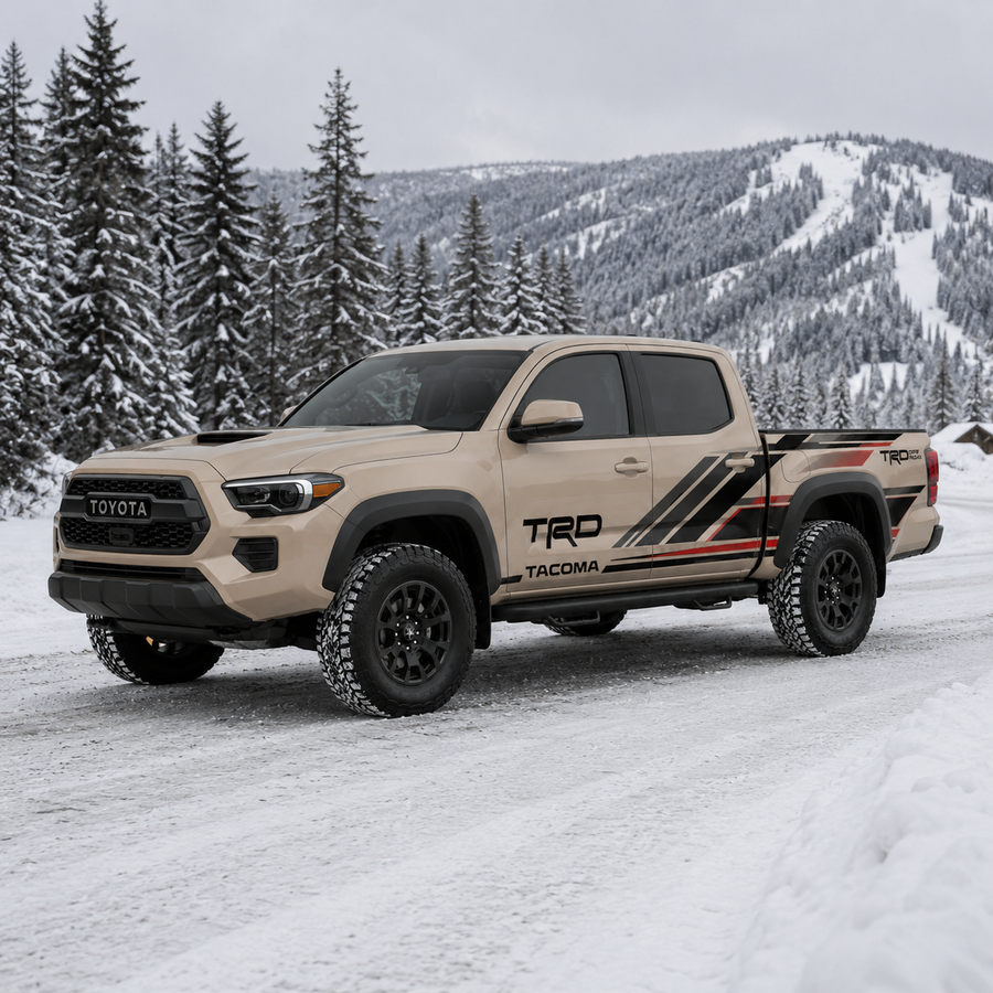 Toyota Tacoma with TRD-style racing stripe decal in desert tan