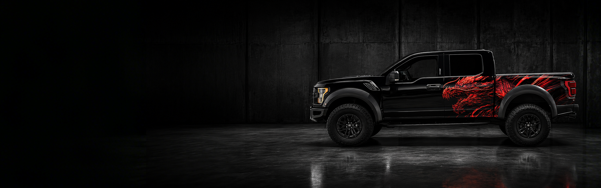 WEEM premium truck decals featuring red dragon vinyl graphics on black Ford F-150 Raptor for bold off-road style