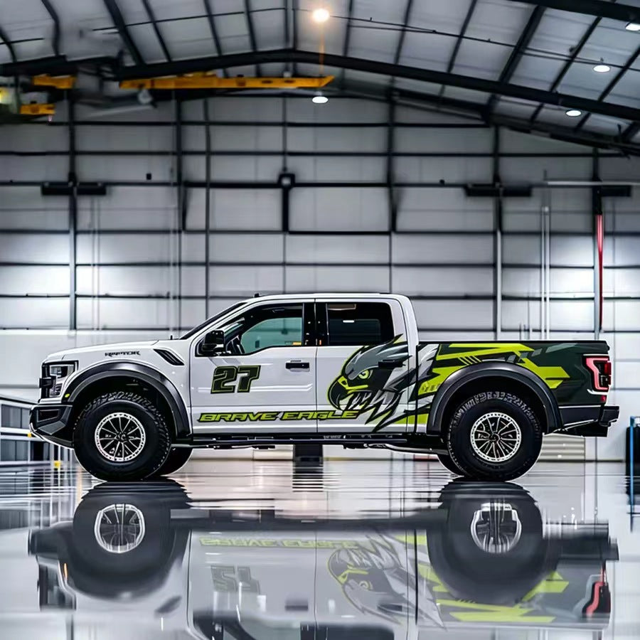 Eagle No.27 Sport Stripe Vinyl Wrap Applied on Ford Raptor – Racing Truck Decal Side View