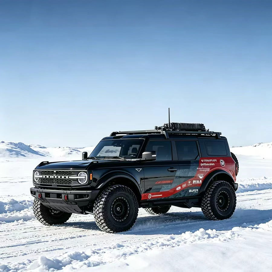 Black Ford Bronco with Racing Stripe Performance Side Graphic Vinyl Wrap in Snow