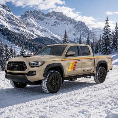 Toyota Tacoma with retro stripe truck decal in orange yellow and red vinyl