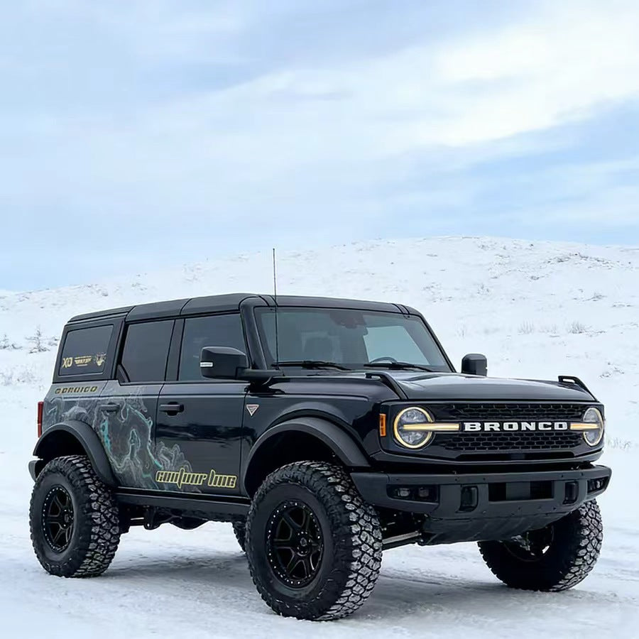 Black Ford Bronco with Topographic Pattern Contour Style Side Graphic Vinyl Wrap in Snow