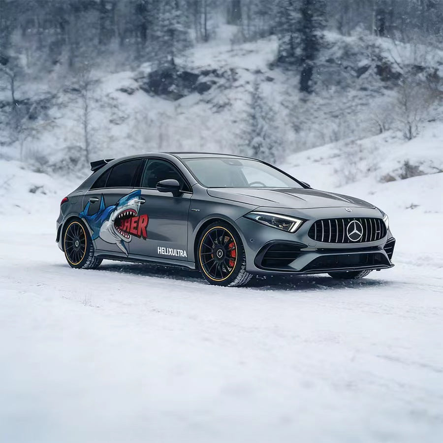 Shark Attack Vinyl Wrap Applied on Sport Sedan – Side Profile Racing Graphic