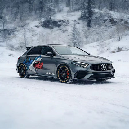 Shark Attack Vinyl Wrap Applied on Sport Sedan – Side Profile Racing Graphic
