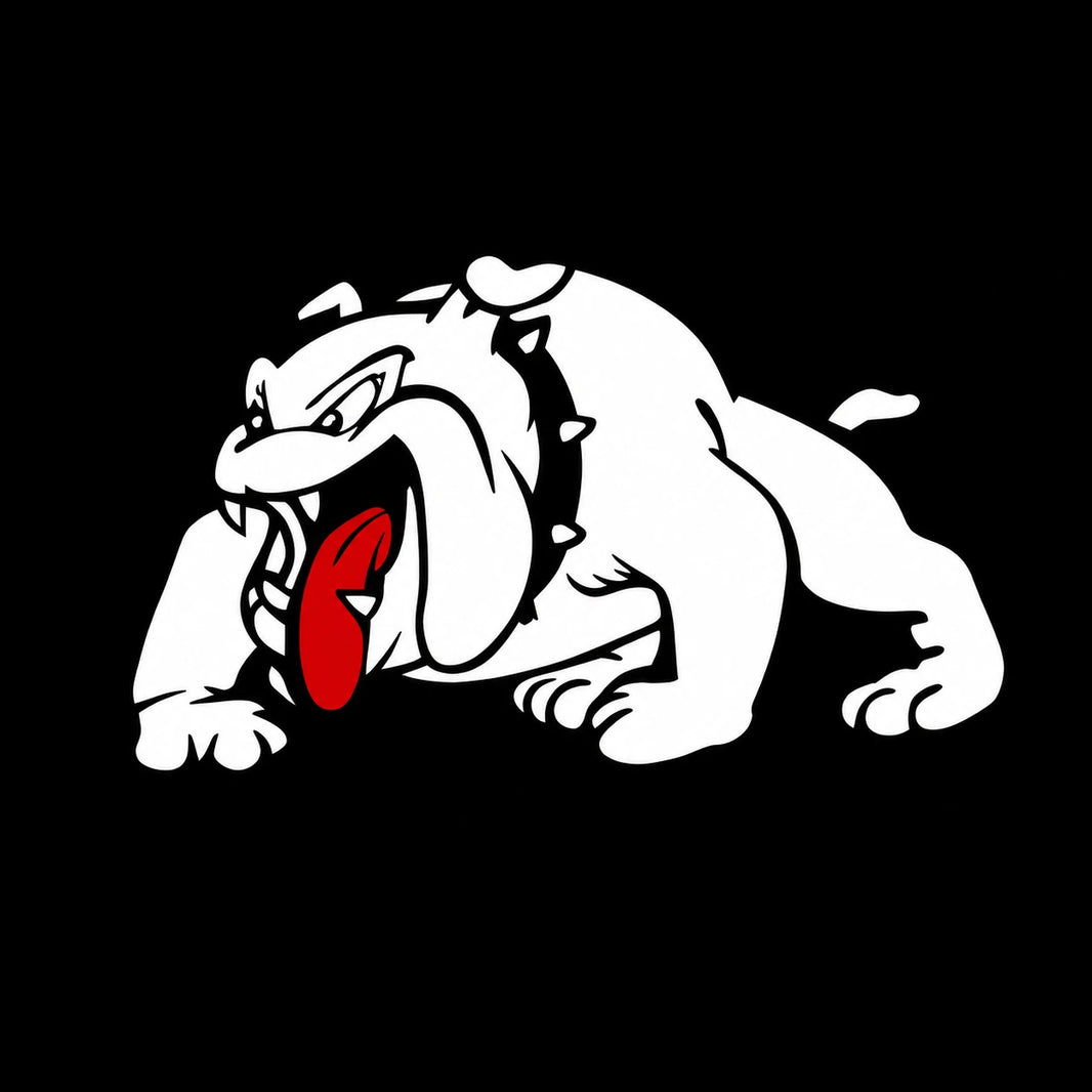 Angry bulldog cartoon car decal design on black background – fierce white bulldog vinyl sticker with red tongue