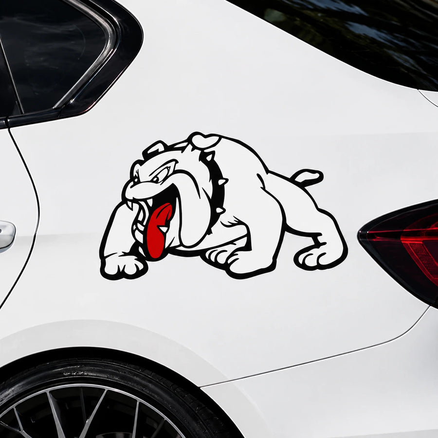 Angry bulldog car decal close-up on white car door – fierce cartoon bulldog vinyl sticker by WEEM Custom