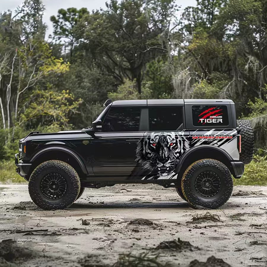 Overland Tiger SUV Decal – Aggressive Off-Road Side Vinyl Wrap for Jeep Bronco Design