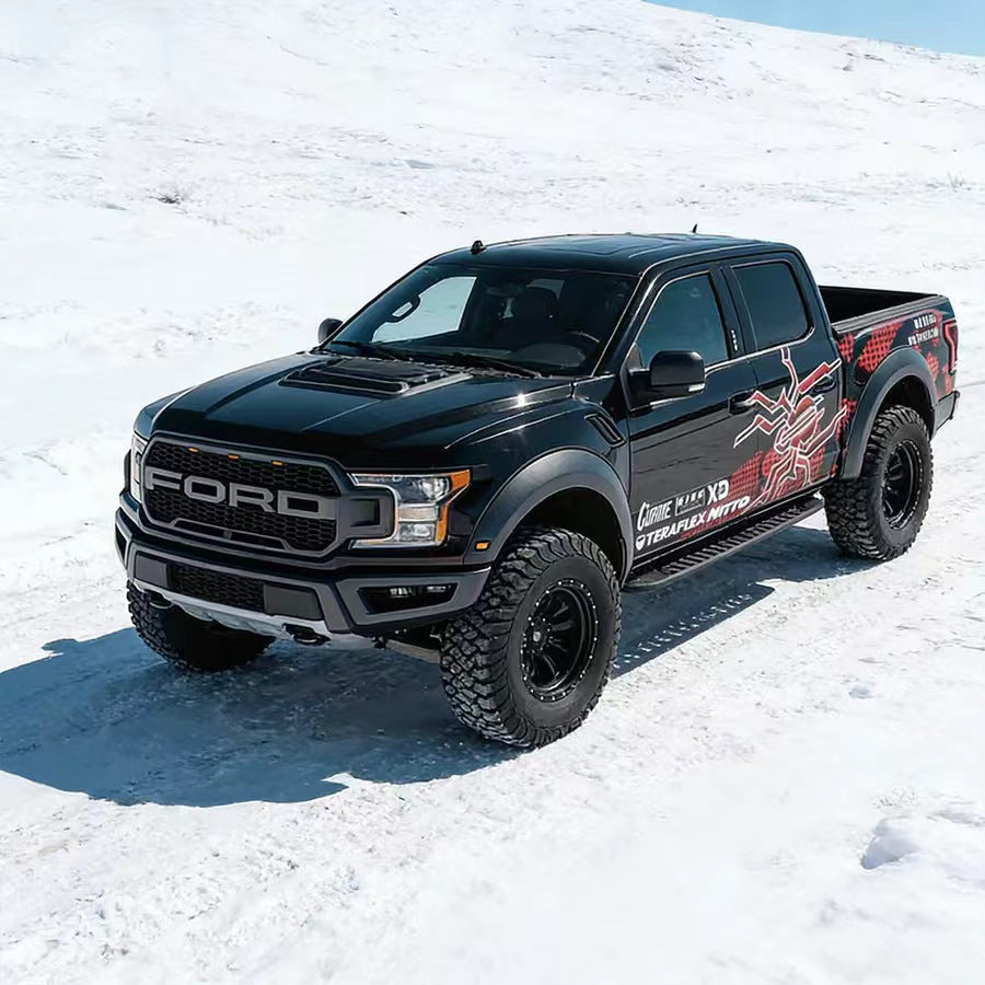 Cyber Spider Tech Vinyl Wrap Applied on Pickup Truck – Red Off-Road Decal Side View