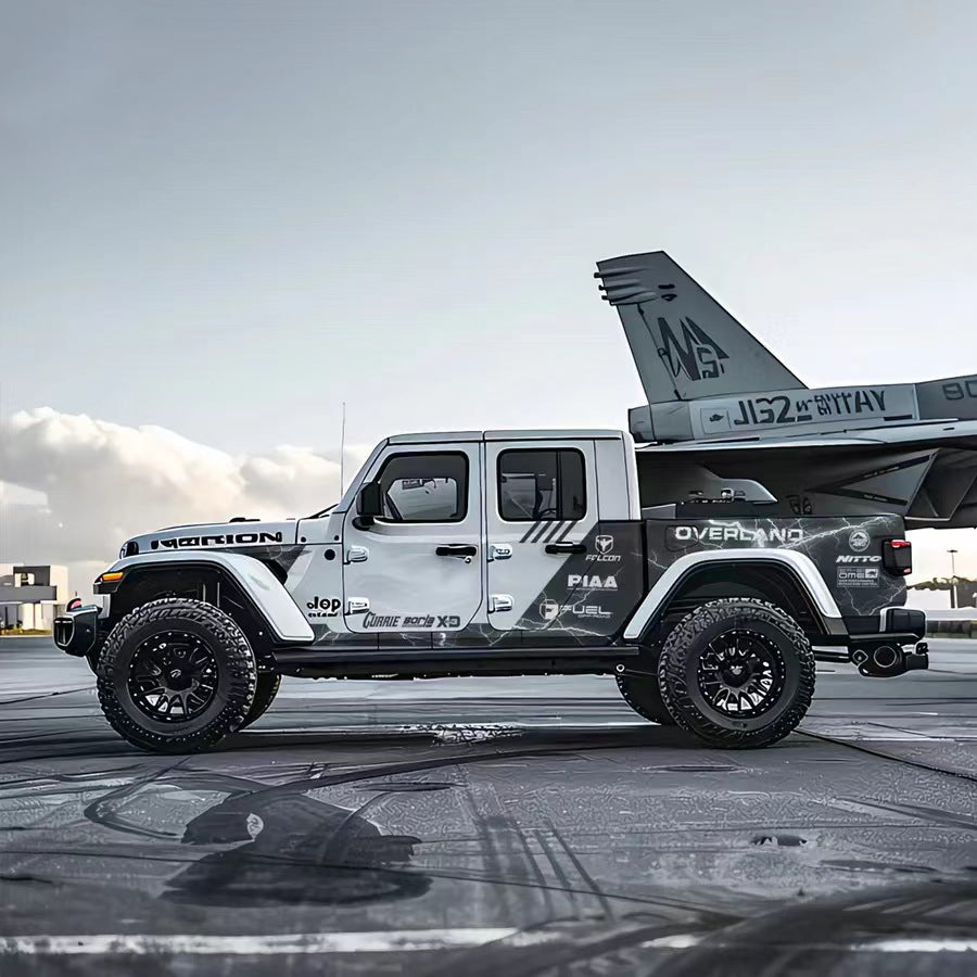 Gray Marble Vinyl Wrap Applied on Jeep Gladiator – Overland Sponsor Style Decal Side View