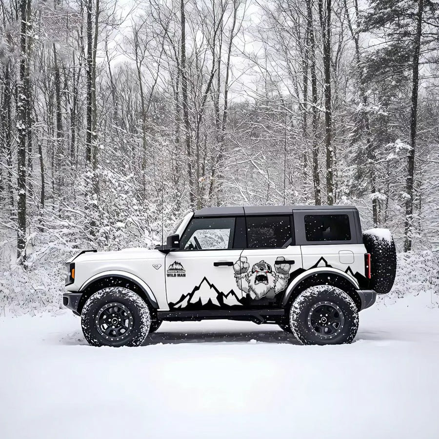 Sasquatch Mountain SUV Decal for Jeep Wrangler – Bigfoot Wilderness Off-Road Side Wrap on White Bronco in Snowy Forest