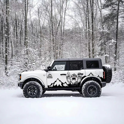 Sasquatch Mountain SUV Decal for Jeep Wrangler – Bigfoot Wilderness Off-Road Side Wrap on White Bronco in Snowy Forest
