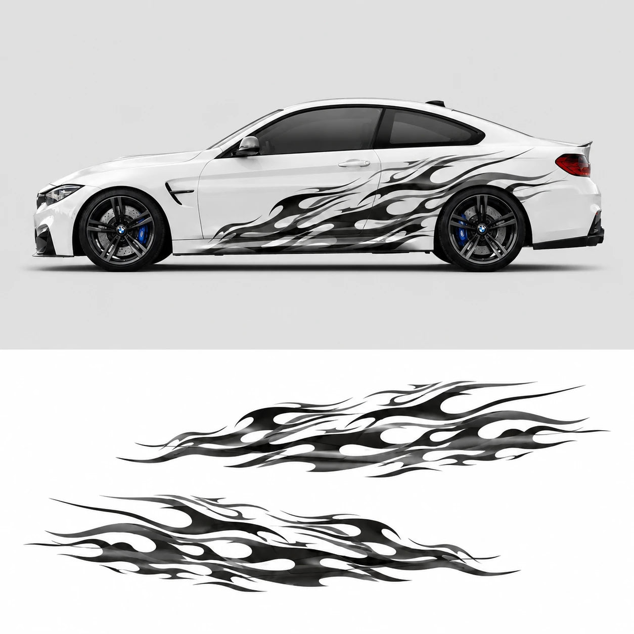 White BMW M4 with full black tribal flame side decal – side profile view with flat decal artwork below