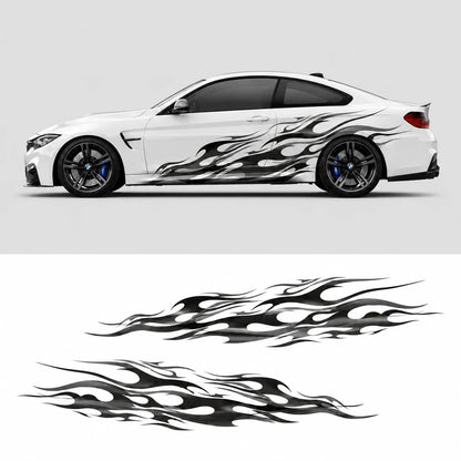 White BMW M4 with full black tribal flame side decal – side profile view with flat decal artwork below