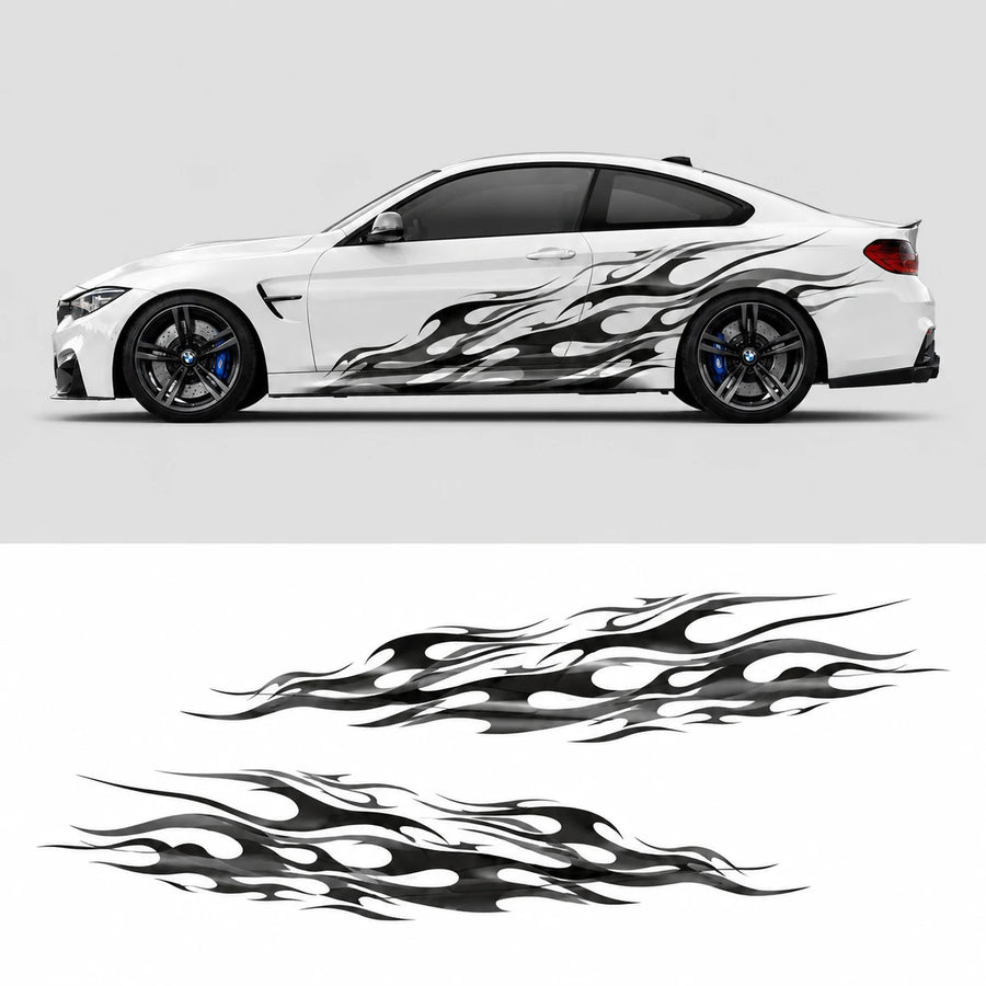 White BMW M4 with full black tribal flame side decal – side profile view with flat decal artwork below