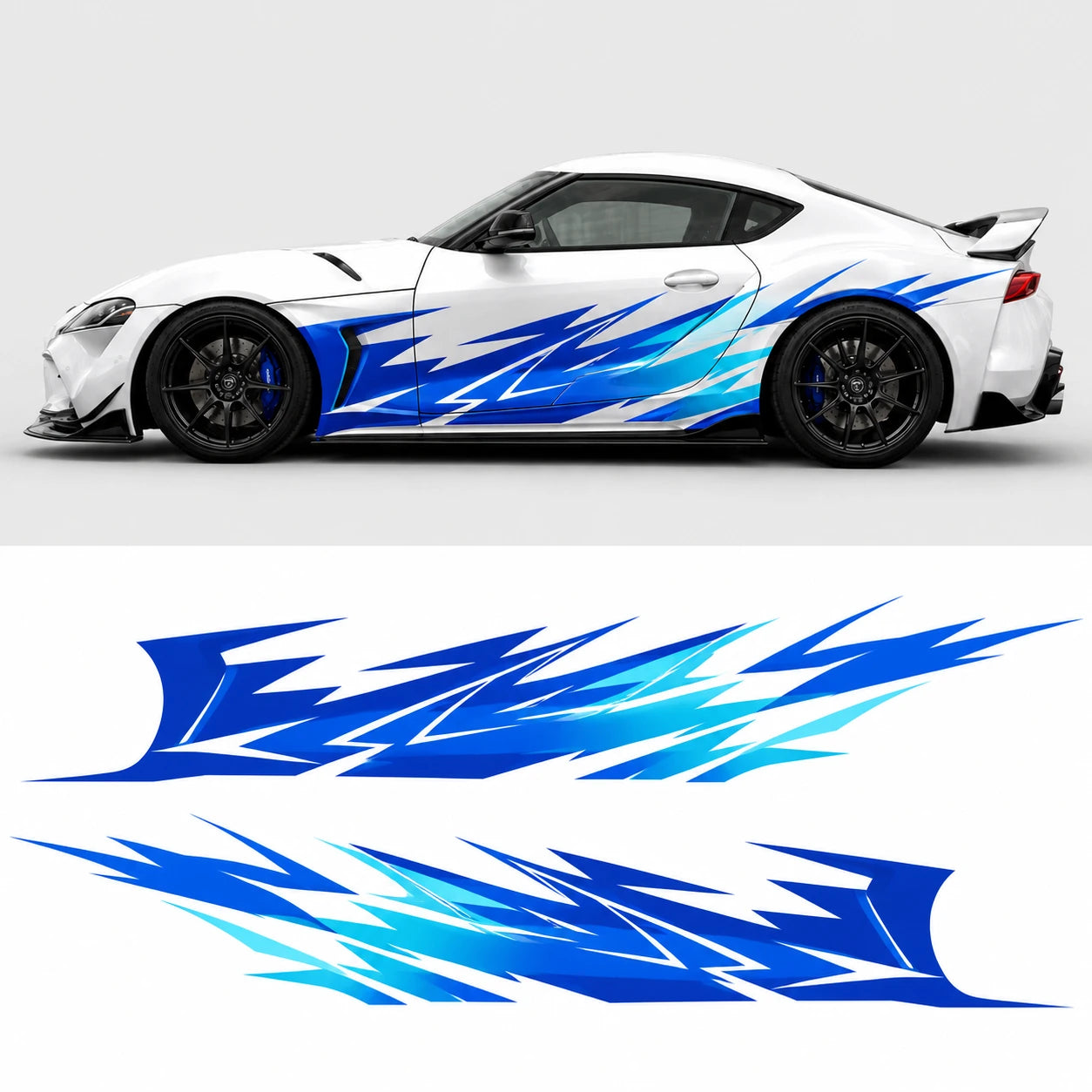 Blue lightning car side decal mockup on white Toyota Supra GR – full side profile with flat left and right decal artwork below