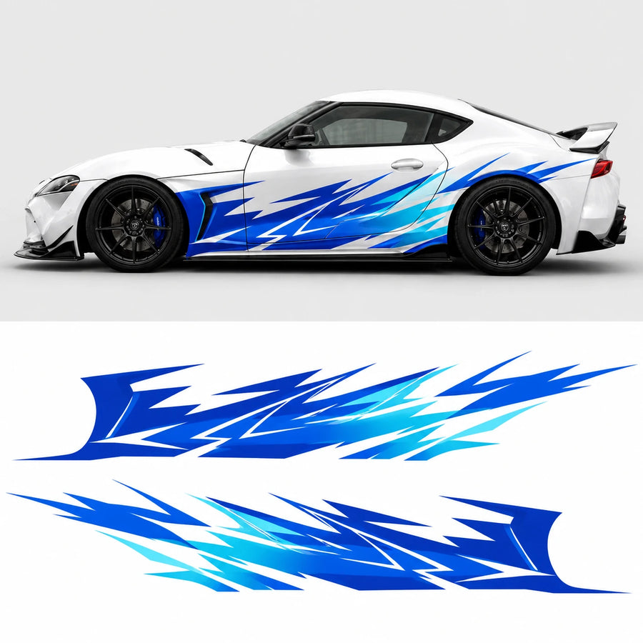 Blue lightning car side decal mockup on white Toyota Supra GR – full side profile with flat left and right decal artwork below